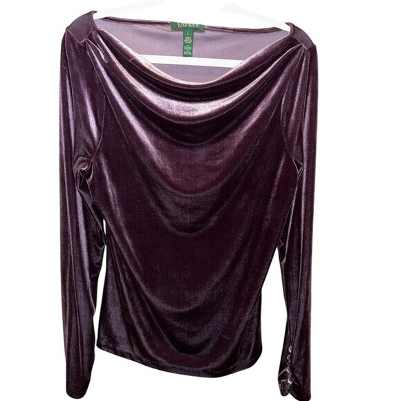 Ralph Lauren PLUM purple velvet drape neck top L - Picture 1 of 5